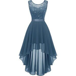 BeryLove Women Grey Blue Chiffon Scoop Neck Sleeveless Lace Cocktail Dress